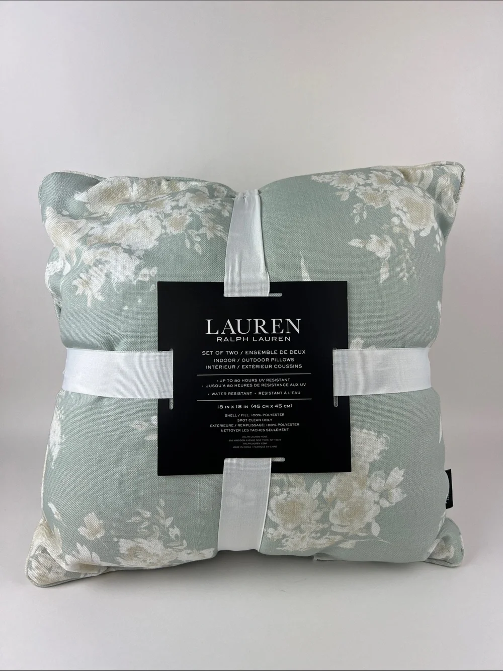 Lauren Ralph Lauren Indoor Outdoor Pillows Sage Green Cream Floral 2 Pc NEW